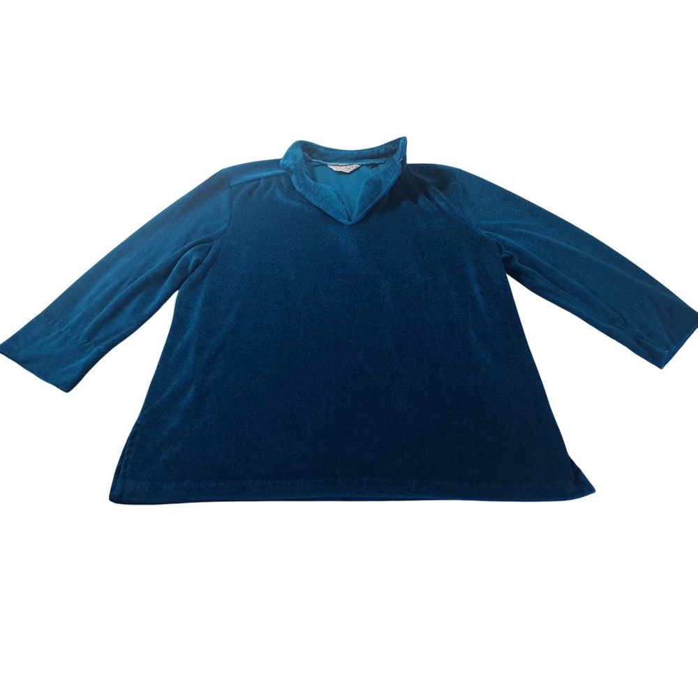 Eccotoo by Eccobay Womens XL Teal Velour Split V-Neck Long Sleeve Top Pullover